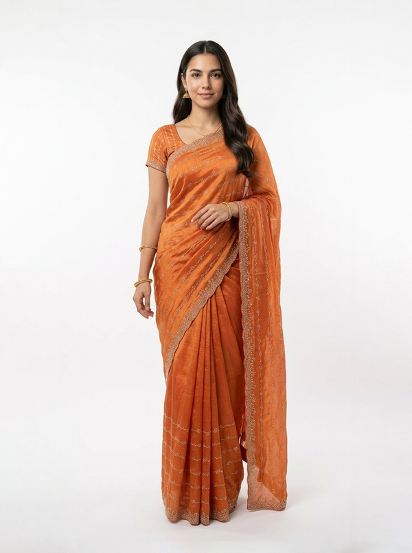 Organza Rust Orange Wave Pattern Stone Work  Designer Saree