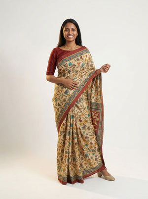 Chanderi Cotton Beige Kalamkari Inspired Saree