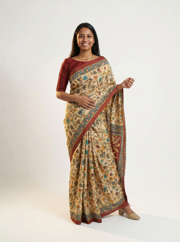 Chanderi Cotton Beige Kalamkari Inspired Saree