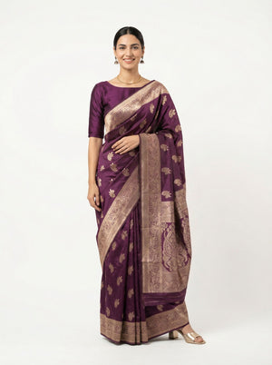 Art Silk Deep Purple Zari Woven Saree with Floral Butta