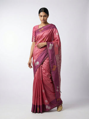 Art Silk Pink Traditional Butta Design Saree with Woven Border
