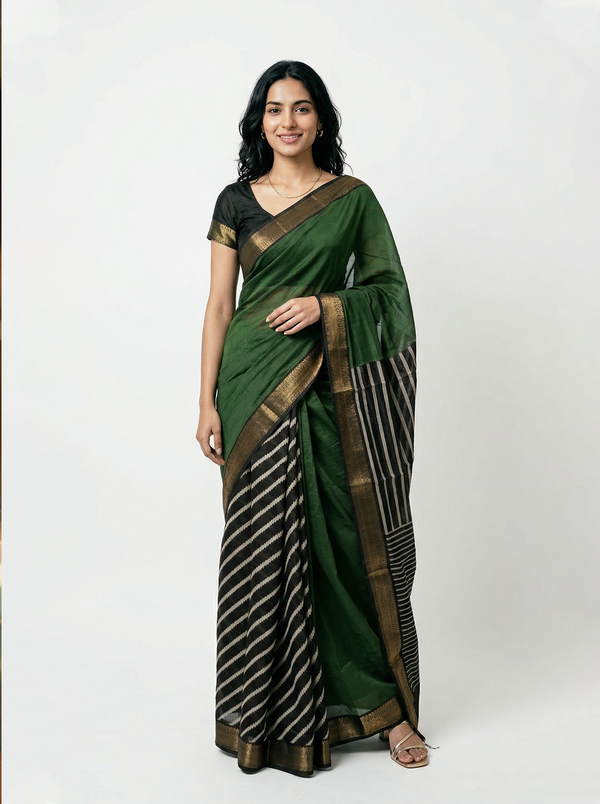 Chanderi Cotton Bottle Green Contrast Stripes Saree