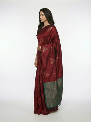 Semi Silk Elegant Maroon Saree with Bottle Green Contrast Blouse