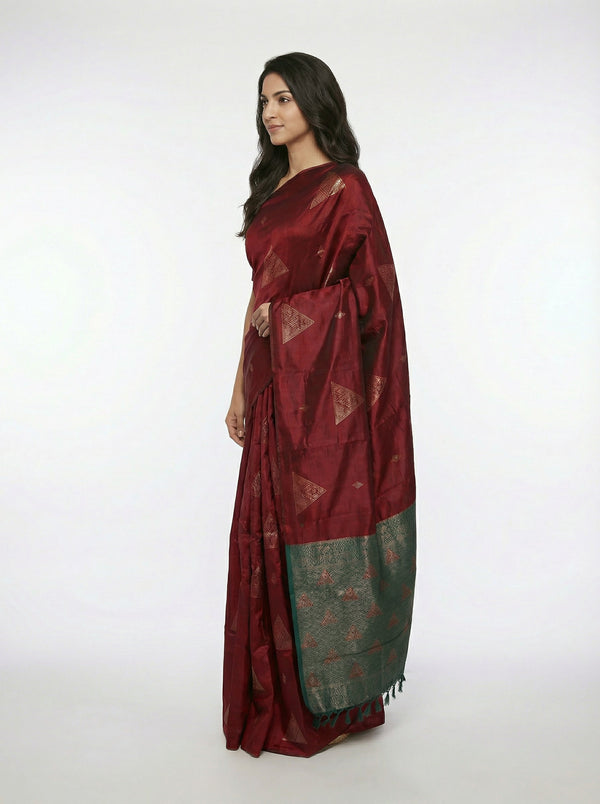 Semi Silk Elegant Maroon Saree with Bottle Green Contrast Blouse