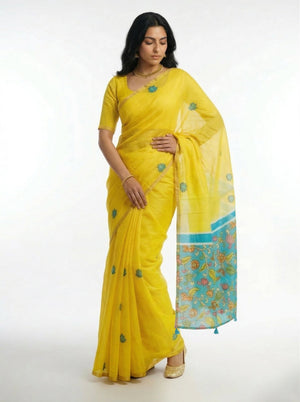 Cotton Yellow Printed Saree with Floral Motifs and Contrast Pallu