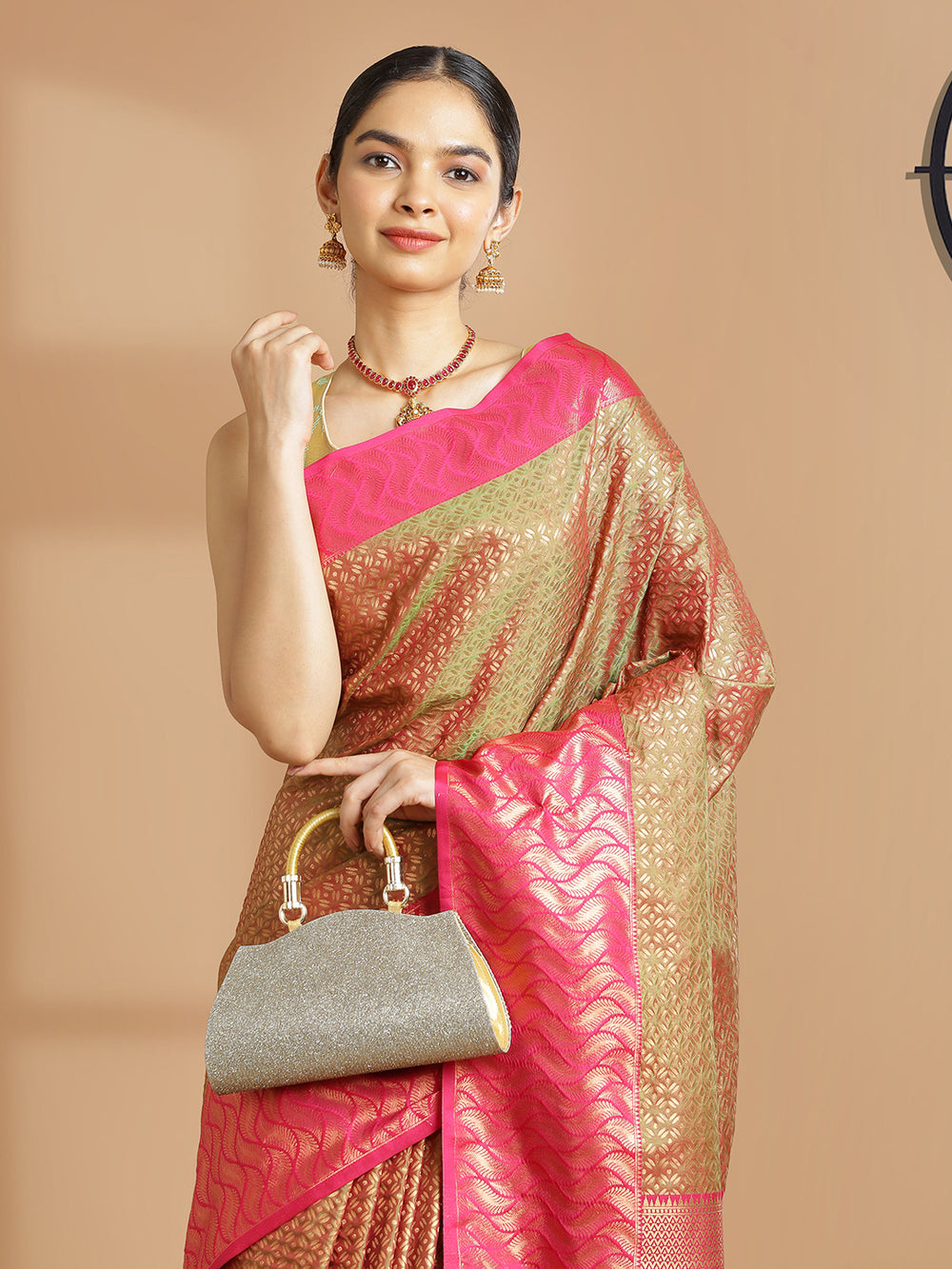 Olive Green Copper Designed Art Silk Saree With Bright Pink Border