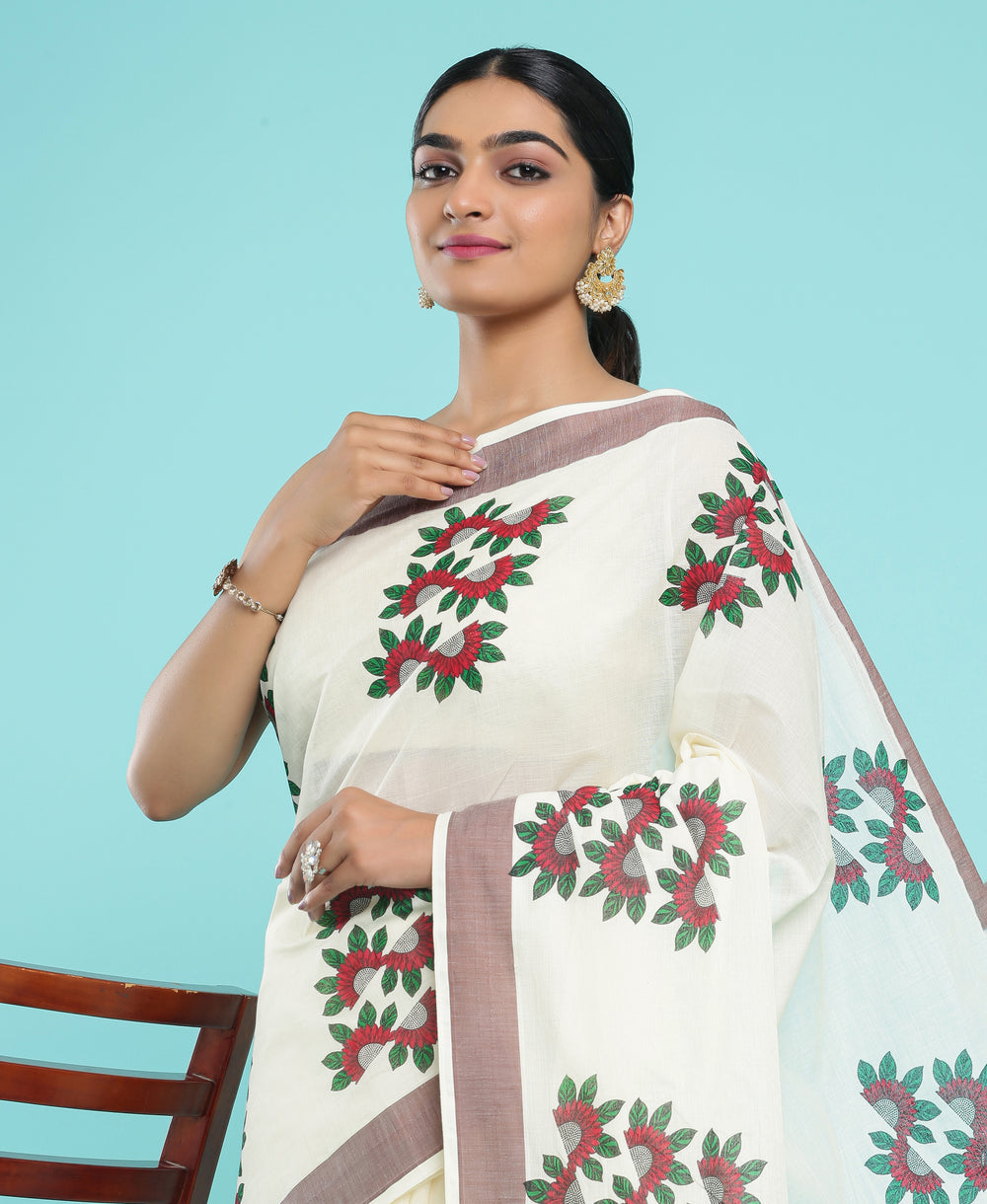 Cotton Brown Border Printed Set Saree