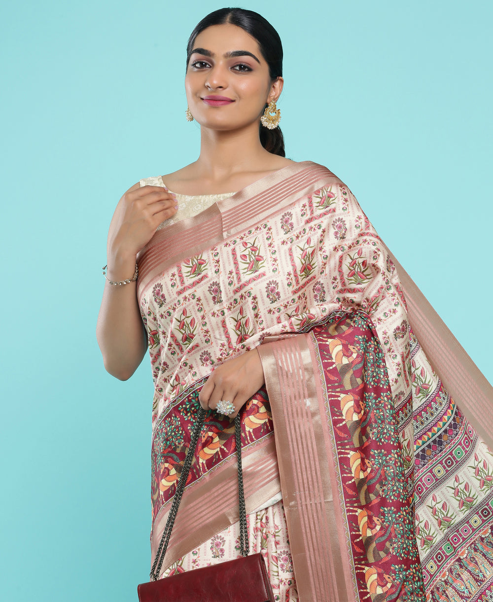 Jute Silk Casual Wear Peach Color Printed Saree