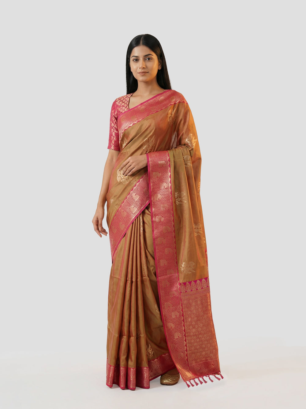 Semi Silk Olive Green Traditional Saree with Gapped Buttas
