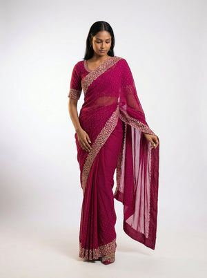 Vijithra Silk Rani Pink Embroidered Saree with Intricate Floral Border Work
