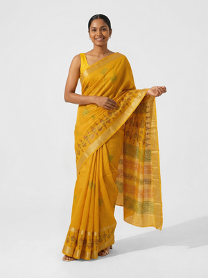 Chanderi Cotton Mustard Yellow Traditional Motif Saree