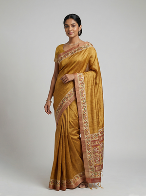 Semi Jute Mustard Yellow Ikat Border Saree