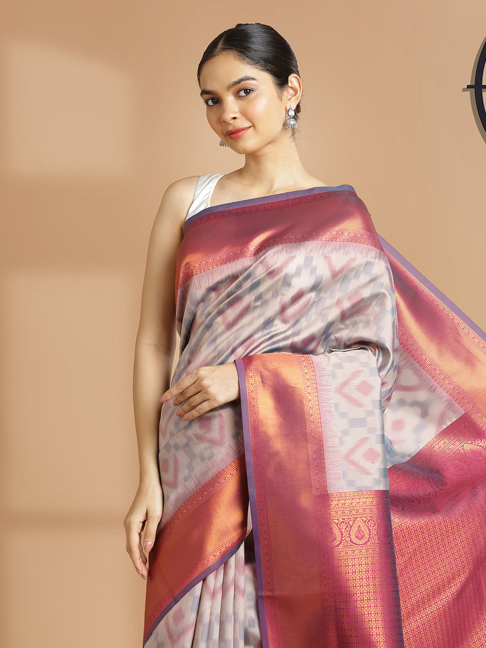 Light Gray  Pochampalli Designed Art Silk Saree With Blue Border