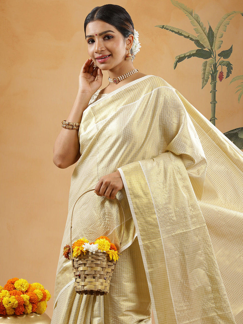 Golden Tissue Set saree With Golden Thin Lined Small Check Design