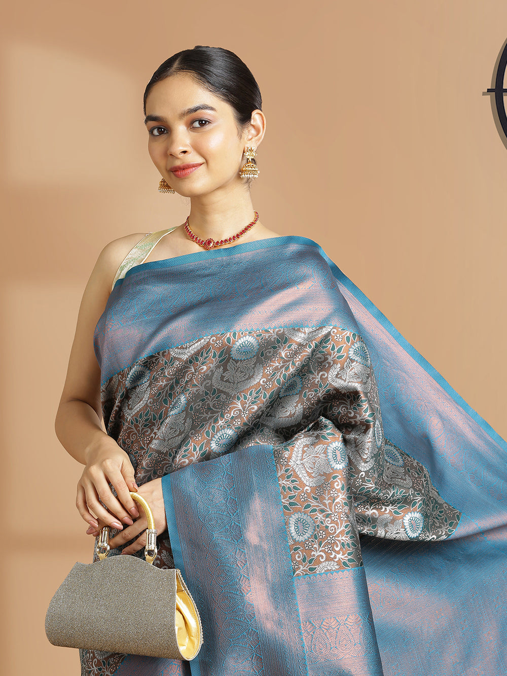 Bottle Green With Copper Tissue Saree With Floral Design And Peacock Blue Border