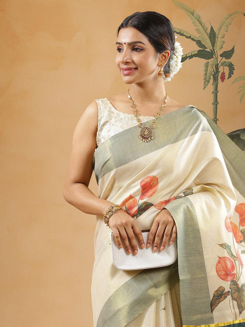 Golden Tissue Dark Green Border Set Saree With Anthurium Floral Print All Over Body