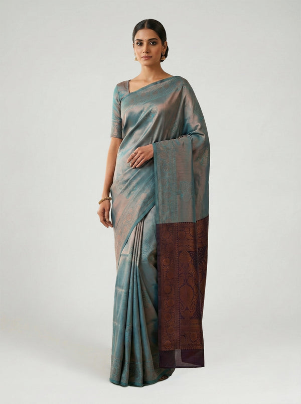 Semi Silk Powder Blue Festive Wear Saree with Designer Floral Buttas