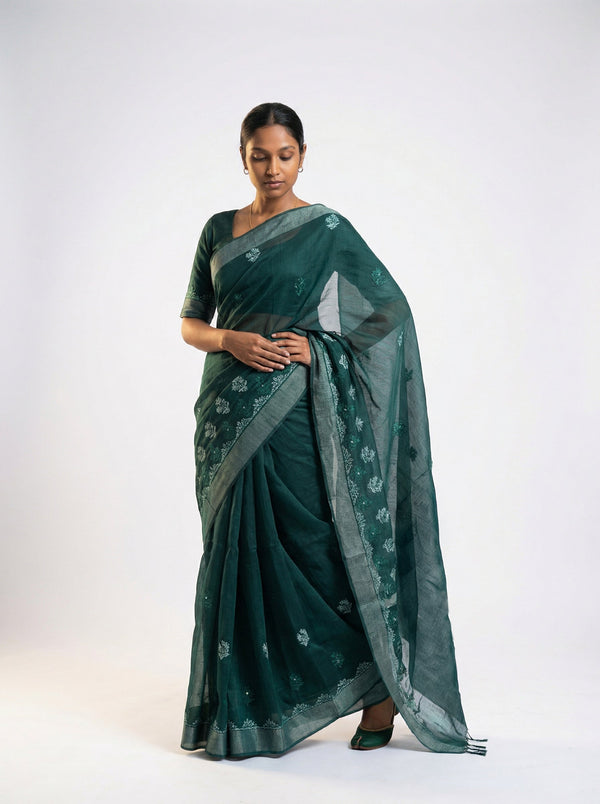 Chanderi Cotton Dark Green Saree with Zari Border and Floral Butti Work