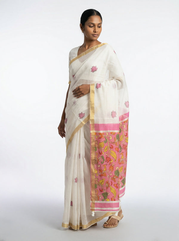 Cotton Off White Saree with Minimal Lotus Motifs and Designer Pallu
