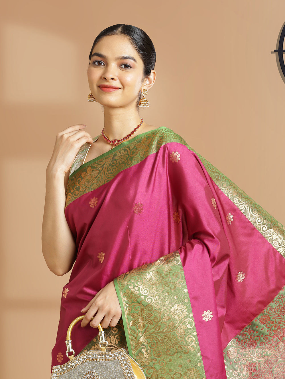 Dark Pink Butta Designed Art Silk Saree And Parrot Green Border