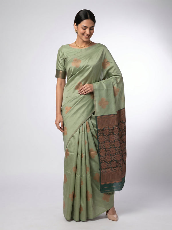 Art Silk Sage Green Zari Woven Saree with Floral Butta