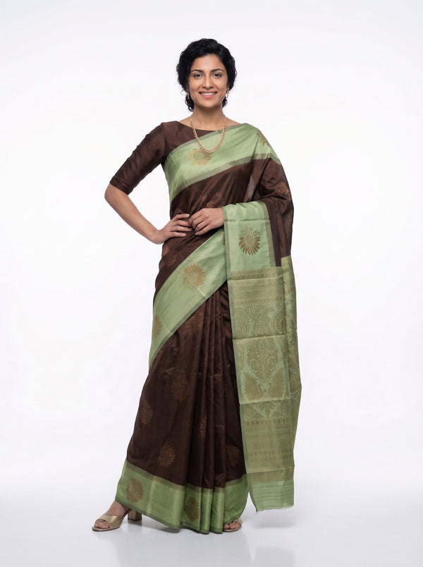 Art Silk Brown and Sage Green Zari Woven Saree with Floral Butta