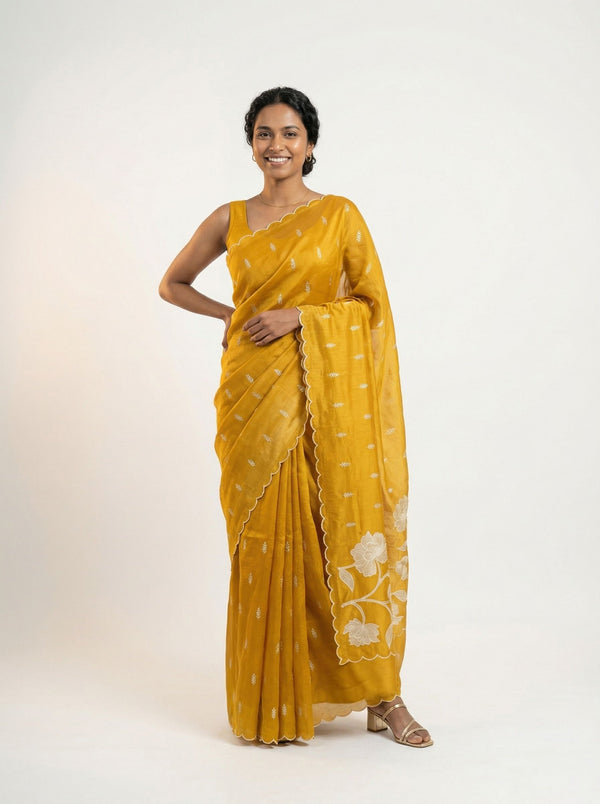 Organza Mustard Yellow Floral Butti Designer Saree with Scalloped  Border