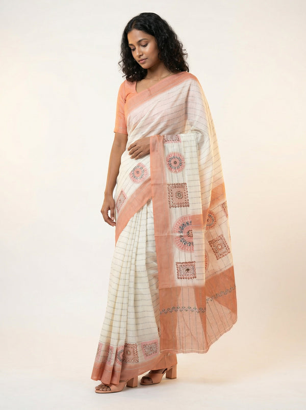 Cotton Off White Saree with Minimal Stripe and Peach Pattern Border