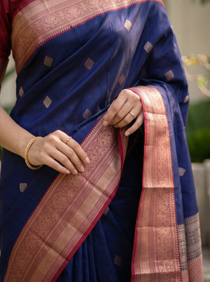 Kanjivaram Pure Silk Navy Blue Traditional Saree with Gold Woven Pallu