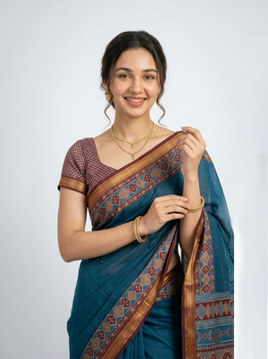 Chanderi Teal Blue Ikat Border Saree