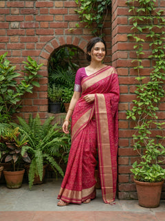 Woman in a red saree standing against a brick wall with plants