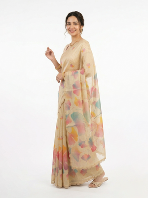 Tissue Cream Multicolor Floral Print Saree