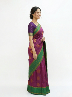 Semi Silk Magenta and Green Contrast Saree