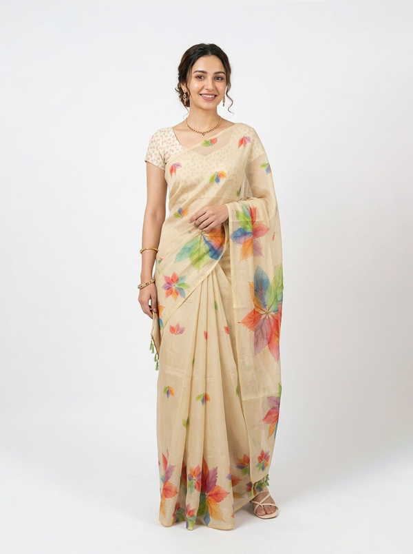 Tissue Beige Floral Leaf Design Saree