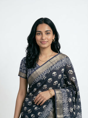 Chanderi Cotton Navy Blue Handblock Saree