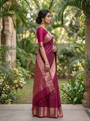 Kanjivaram Silk Magenta Pink Saree with Gold Zari Butta Design