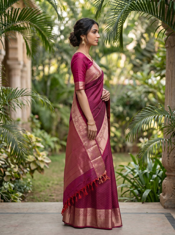 Kanjivaram Silk Magenta Pink Saree with Gold Zari Butta Design