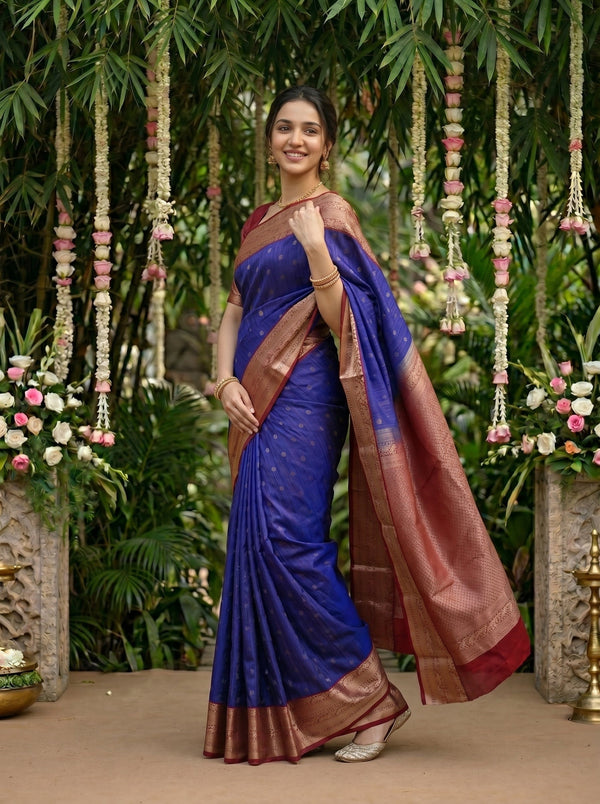 Kanjivaram Royal Blue Saree with Gold Zari Butta Pattern and Antique Gold Zari Border