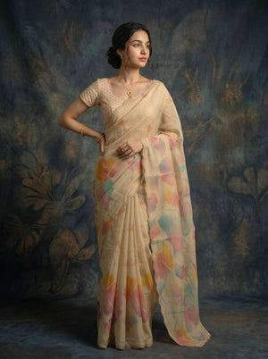 Tissue Cream Multicolor Floral Print Saree