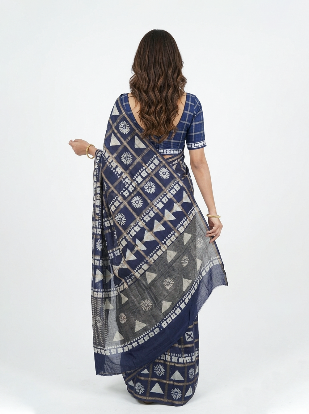 Chanderi Cotton Navy Blue Geometric Printed Saree
