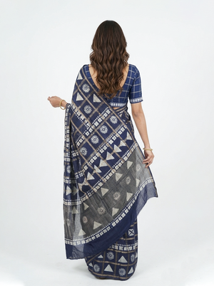 Chanderi Cotton Navy Blue Geometric Printed Saree