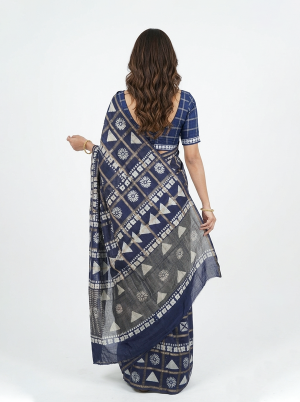 Chanderi Cotton Navy Blue Geometric Printed Saree