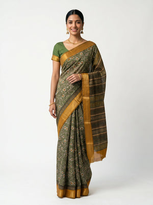 Chanderi Cotton Olive Green Floral Printed Saree