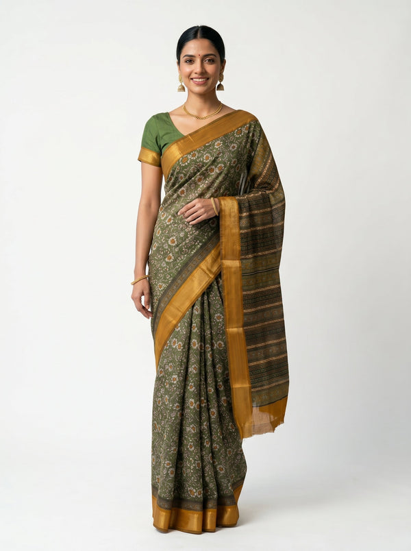 Chanderi Cotton Olive Green Floral Printed Saree
