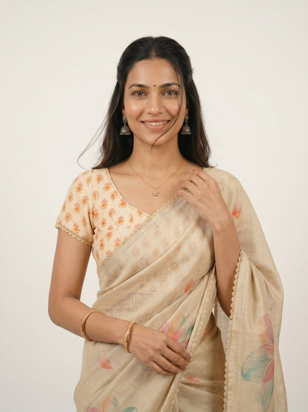 Tissue Beige Floral Print Border Saree