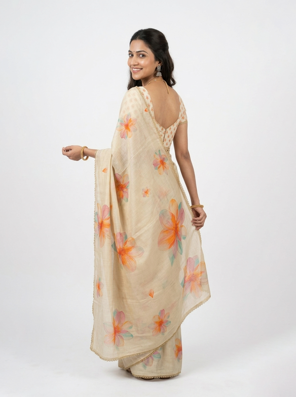 Tissue Beige Floral Print Border Saree