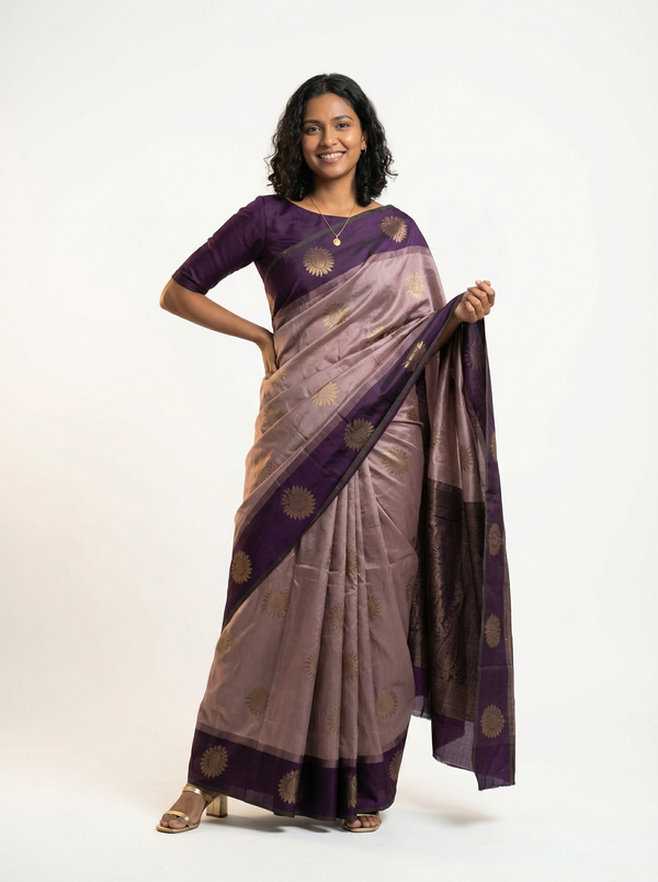 Art Silk Mauve and Deep Purple Zari Woven Saree with Floral Butta