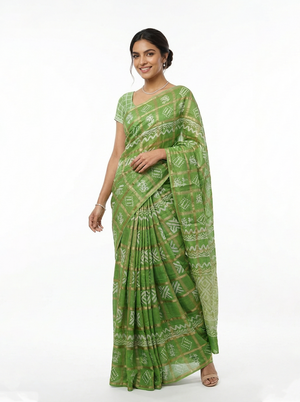 Chanderi Cotton Parrot Green Check Pattern Printed Saree