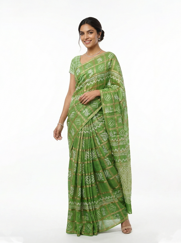 Chanderi Cotton Parrot Green Check Pattern Printed Saree