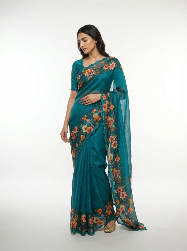 Cotton Teal Blue Saree with Elegant Floral Motifs and Printed Border